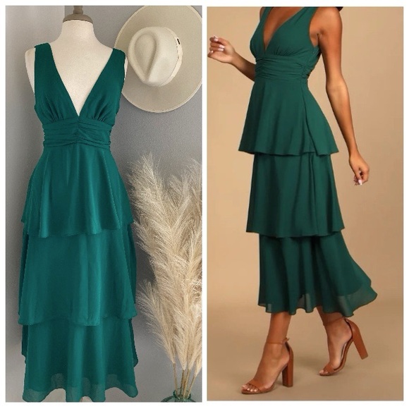 Lulus | Dresses | Lulus Celebration Time Emerald Green Sleeveless Tiered  Midi Dress | Poshmark